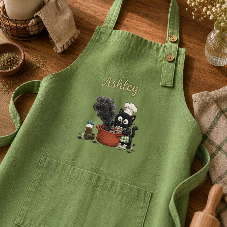 Funny Black Cat Embroidered Apron – Custom Name Kids Baking Gift