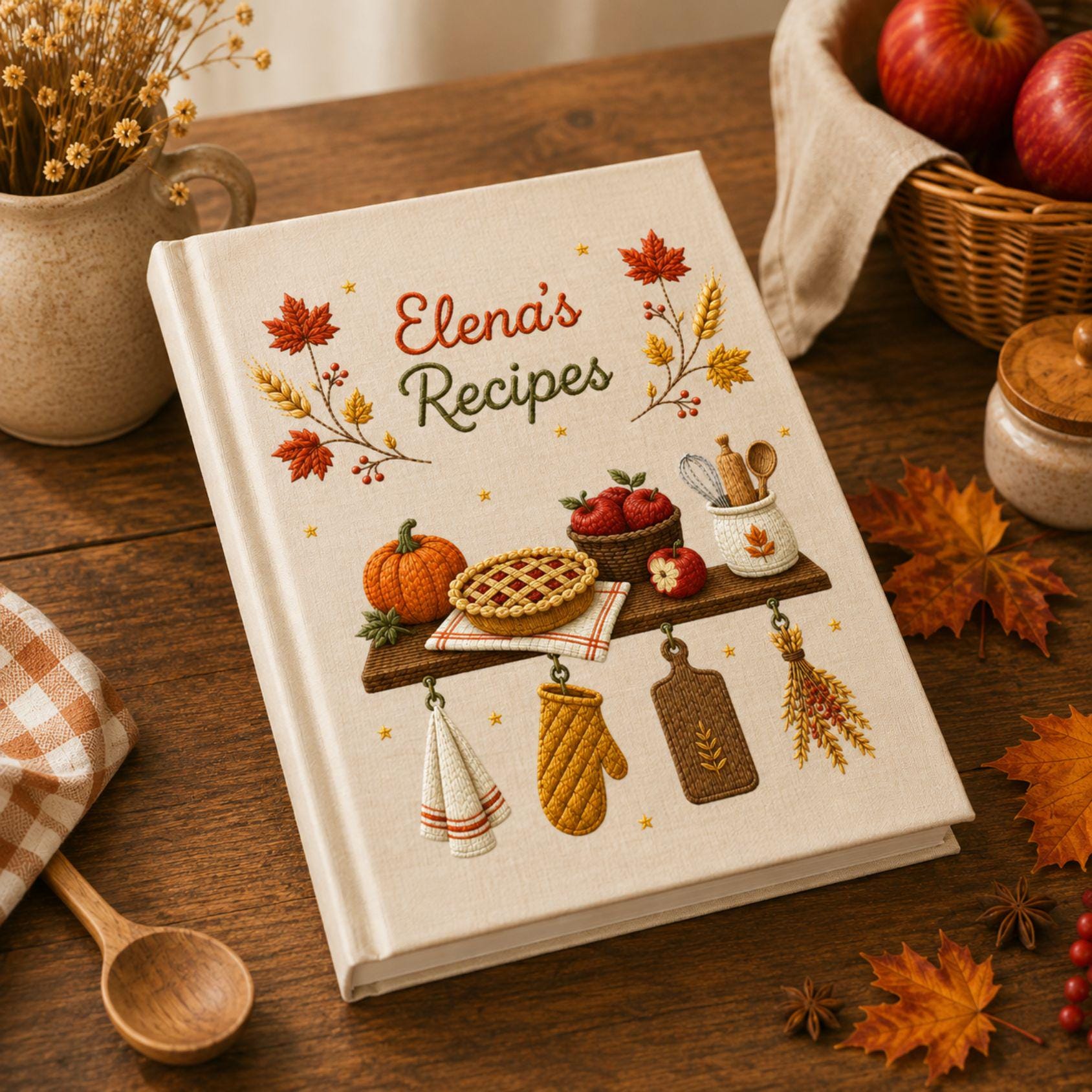 Custom Embroidered Autumn Shelf Recipe Book – Personalized Baking Cookbook