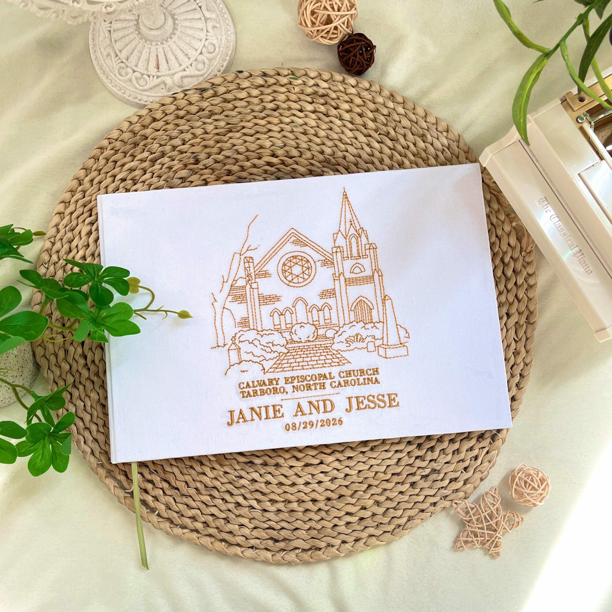 Portrait Wedding Venue Embroidered Guest Book – Custom Photo Linen Keepsake 3 Personalized Portrait Wedding Venue Embroidered Linen GuestBook, Custom Photo Album, Engagement Sign In Book, Wedding Keepsake