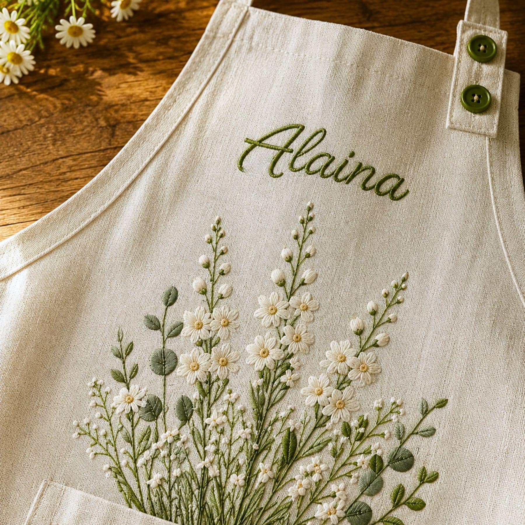 Botanical Floral Embroidered Linen Apron – Custom Name Gift for Mom