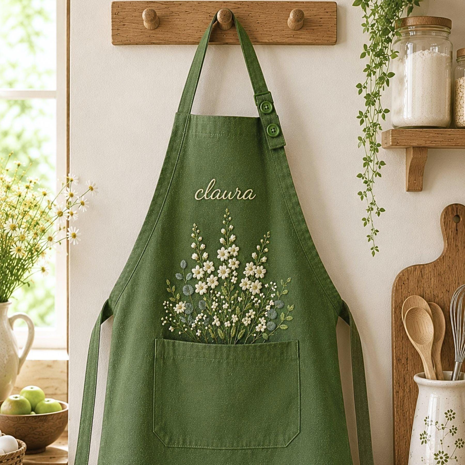 Botanical Floral Embroidered Linen Apron – Custom Name Gift for Mom