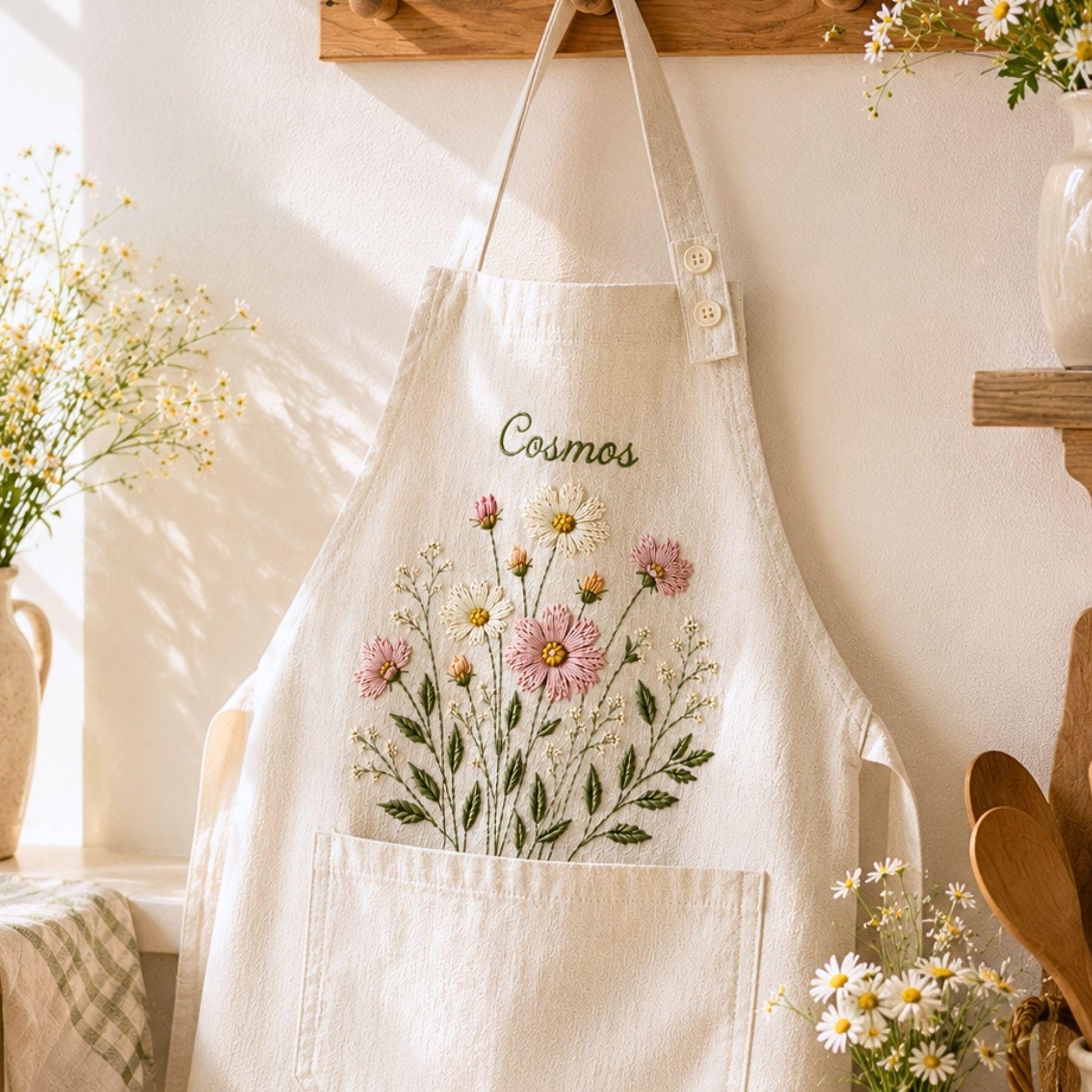 Cosmos Cottage Meadow Embroidered Linen Apron – Custom Name Gift for Mom
