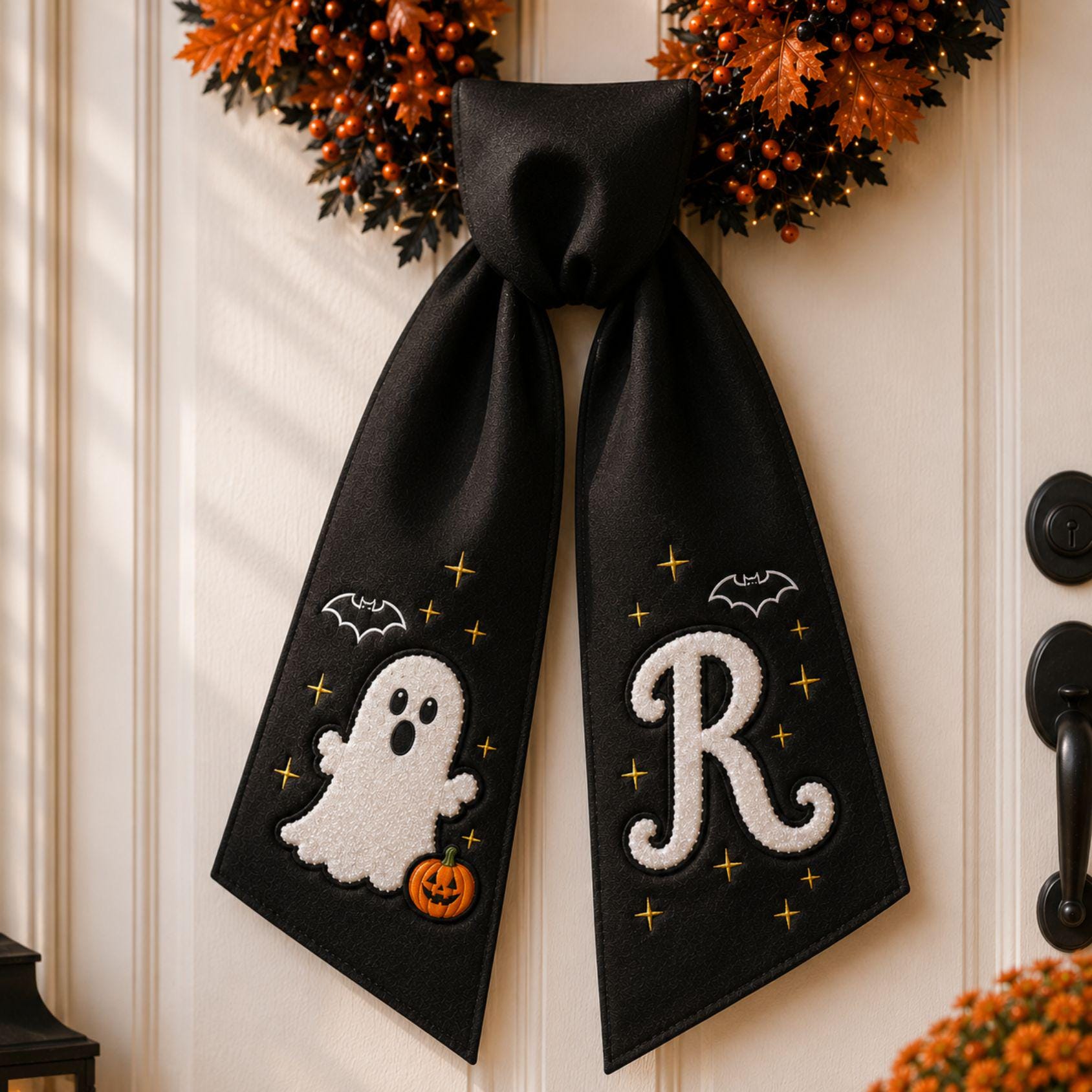Glitter Ghost Halloween Wreath Sash Glow In The Dark Door Bow Decor Applique Ribbon Custom