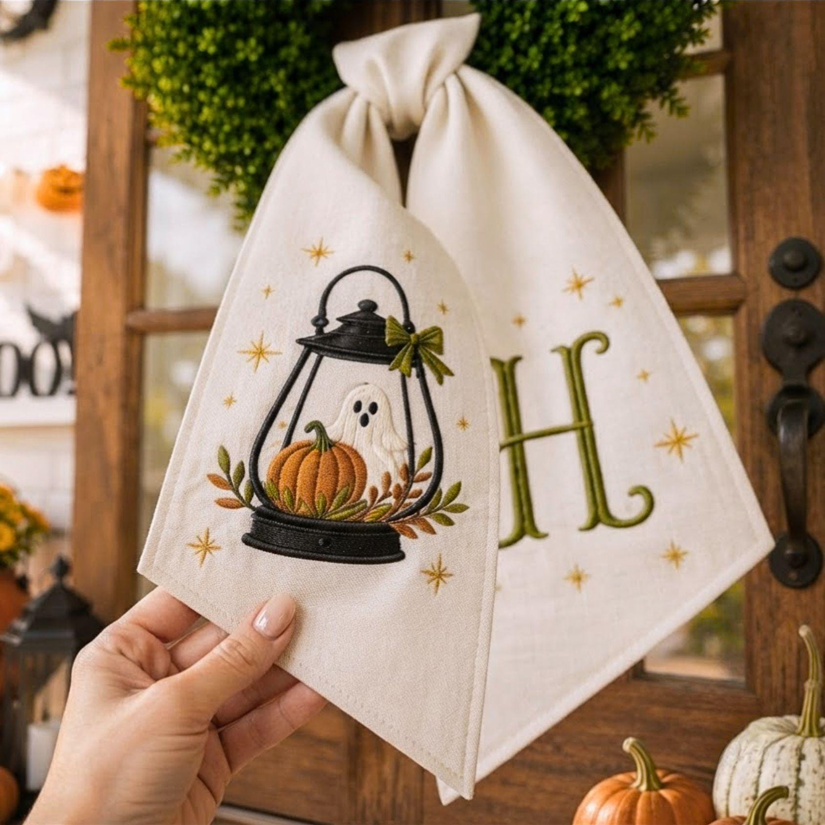 Personalized Pumpkin Halloween Lantern Wreath Sash – Monogram Ribbon Door Decor