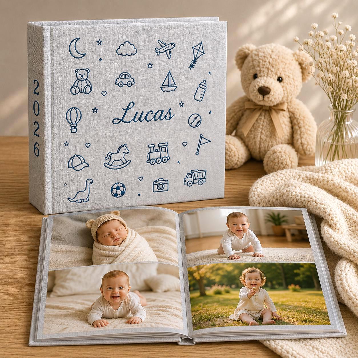 Custom Embroidered Baby Photo Album – Personalized Linen Memory Book