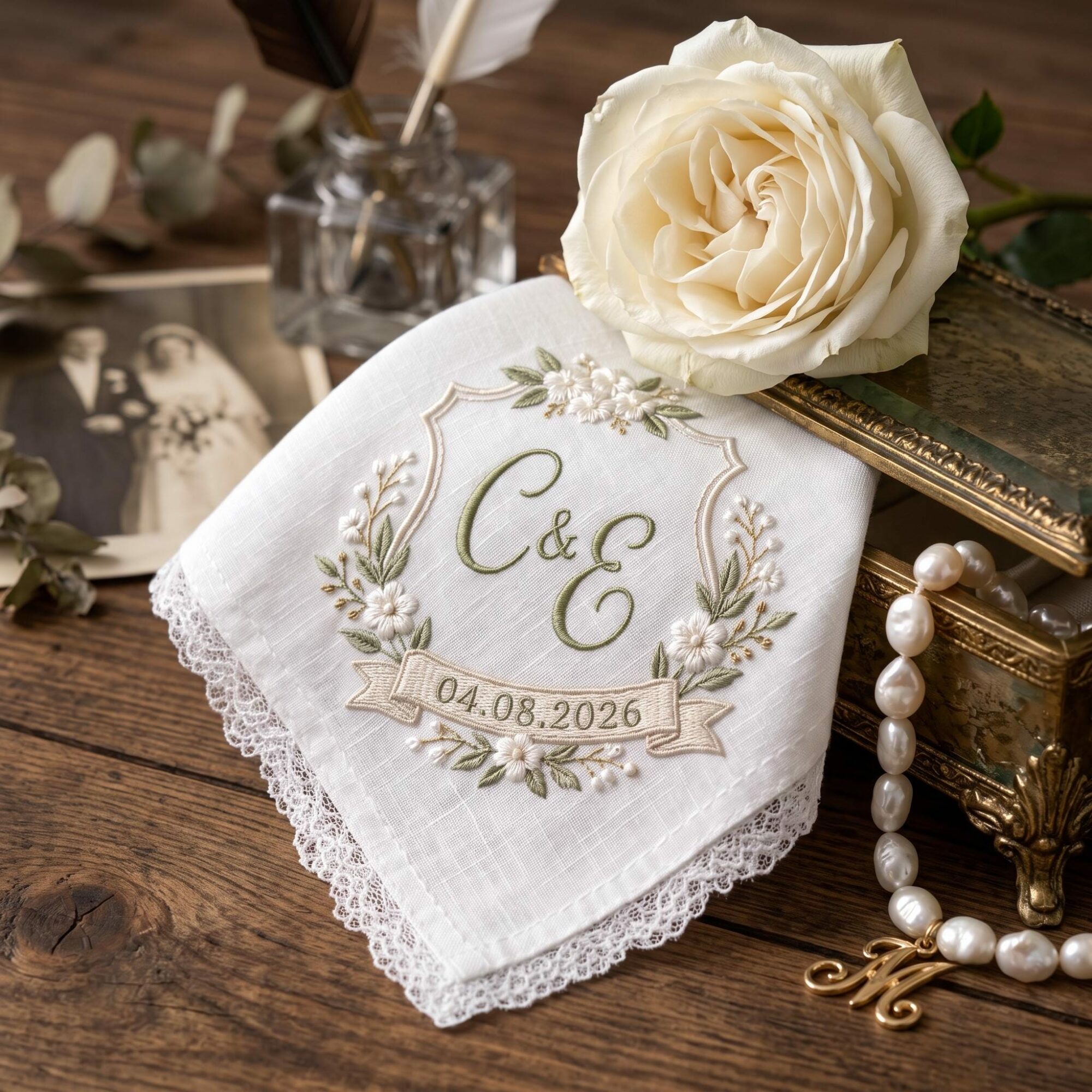 Personalized Olive Leaf Embroidered Wedding Handkerchief – Custom Initials & Date