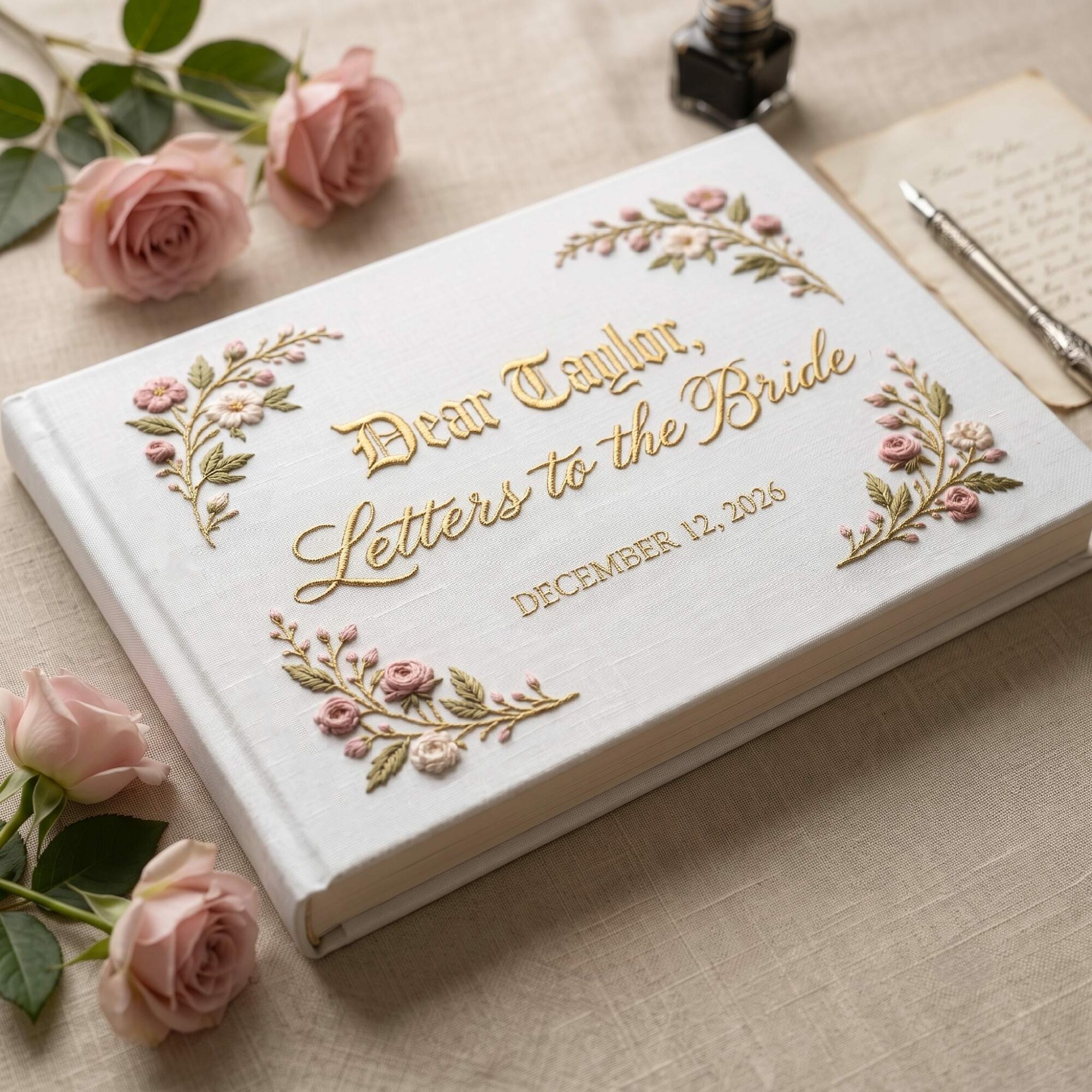 Letters to the Bride Embroidered Rose Guest Book – Personalized Linen Bridal Shower Keepsake 2 Custom Letters to the Bride Journal, Embroidered Rose Wedding Guest Book, Personalized Linen Bride Memory Book, Bridal Shower Gift