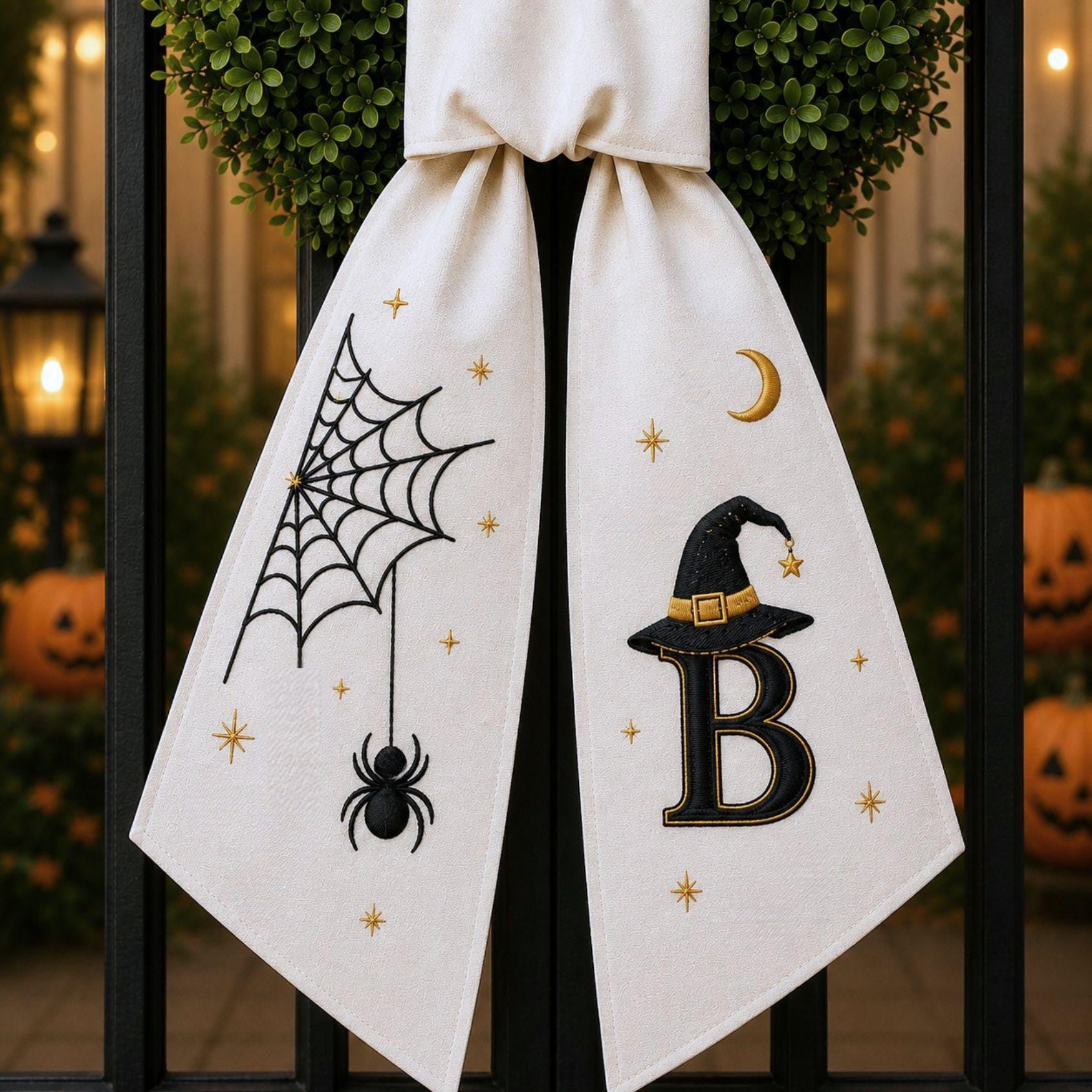 Custom Spider Web Wreath Sash – Monogram Ribbon Witch Hat Halloween Decor