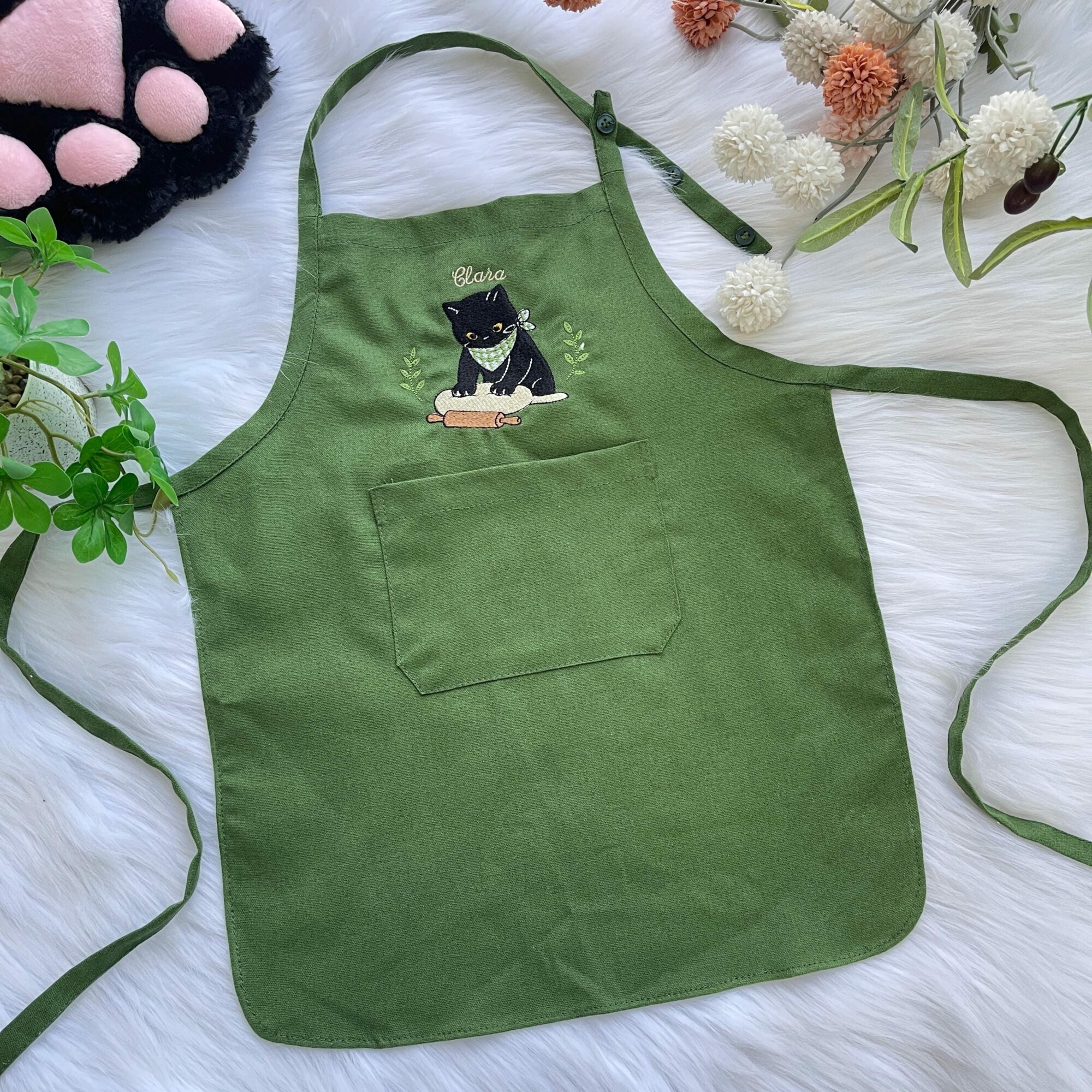 Personalized Cute Black Cat Chef Baking Embroidered Linen Apron, Custom Kids Name Kitchen Aprons, Cooking Apron With Pocket, Gift for Bakers