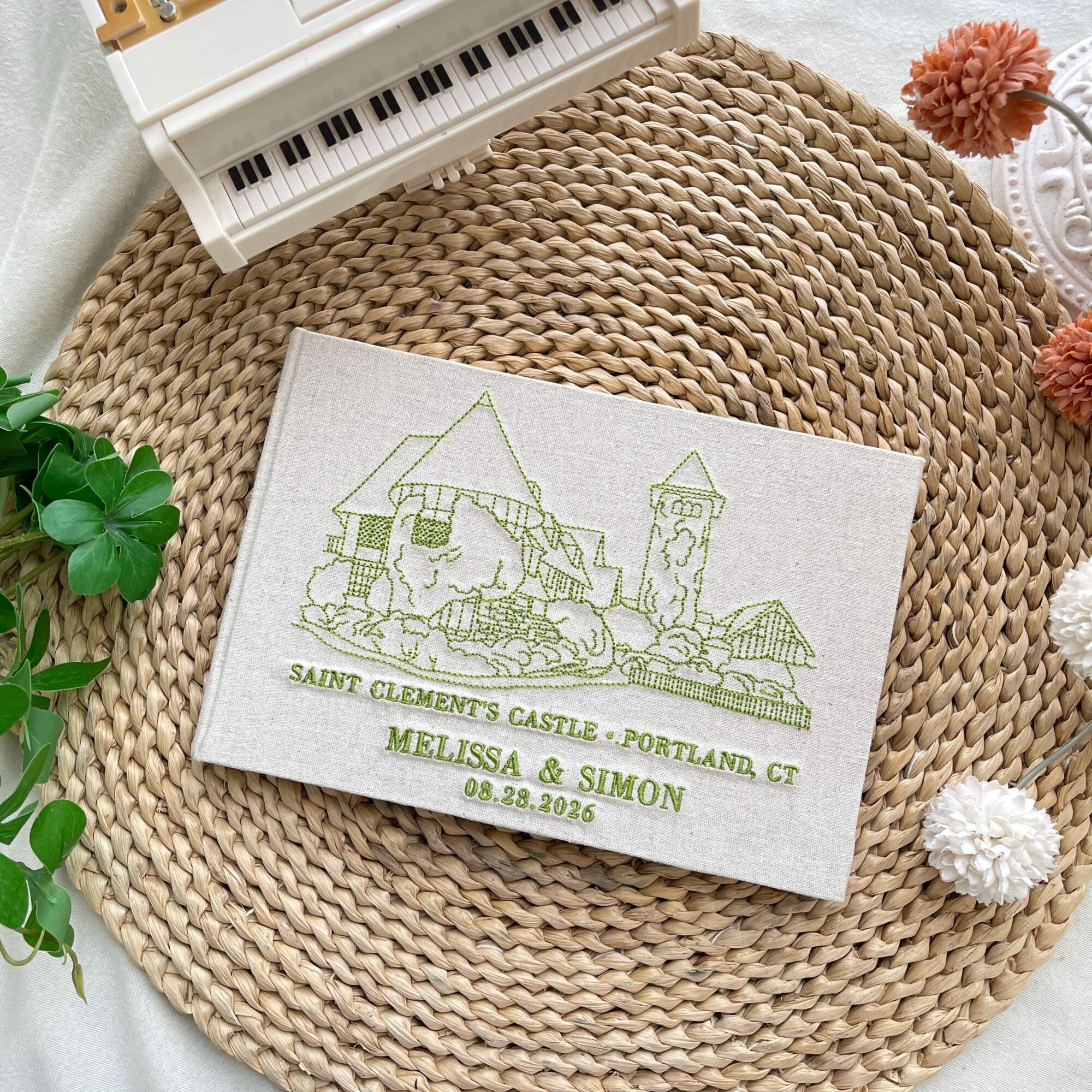 Portrait Wedding Venue Embroidered Guest Book – Custom Photo Linen Keepsake 5 Personalized Portrait Wedding Venue Embroidered Linen GuestBook, Custom Photo Album, Engagement Sign In Book, Wedding Keepsake