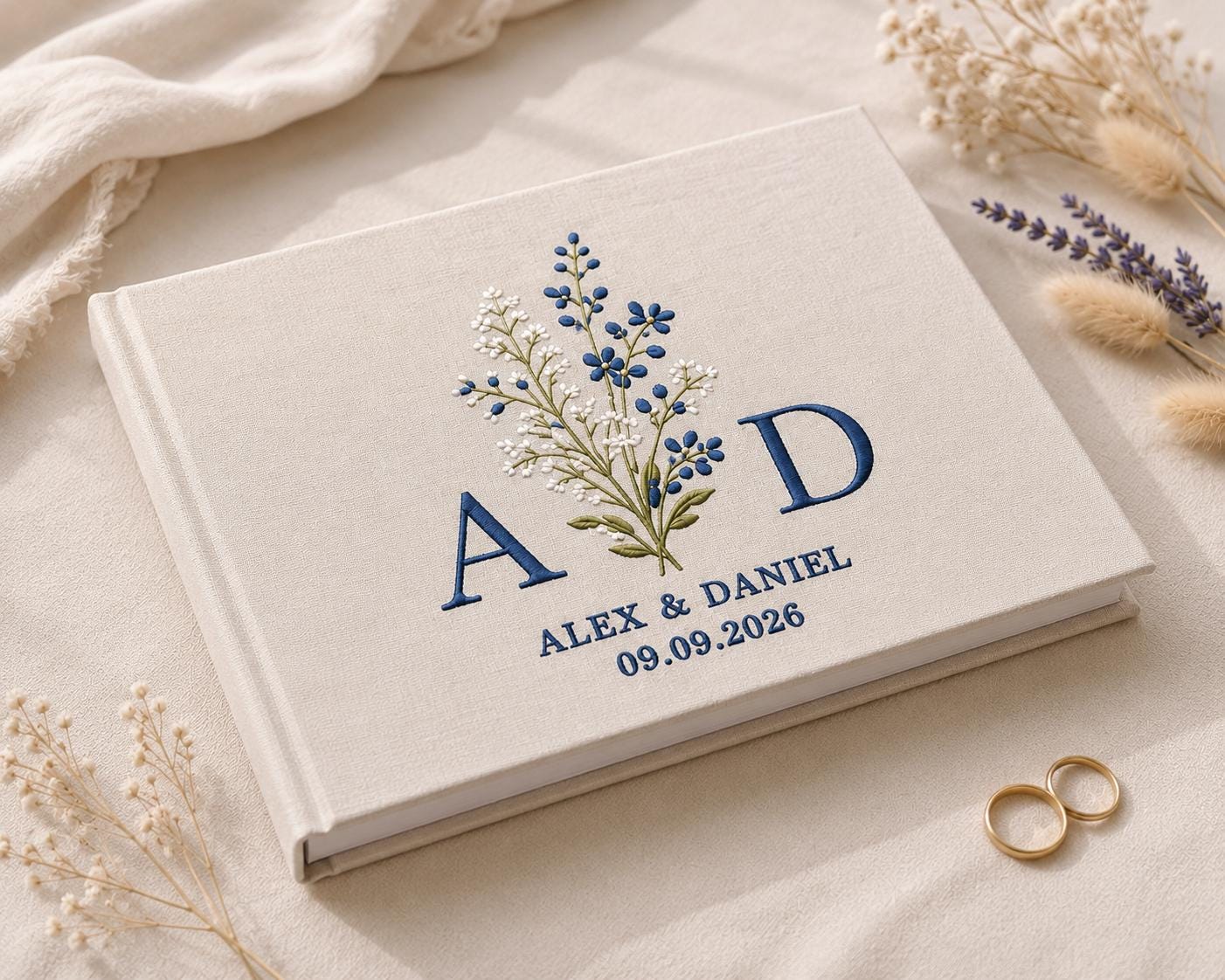 Lily of the Valley Floral Embroidered Wedding Guest Book – Personalized Initial Linen Keepsake
