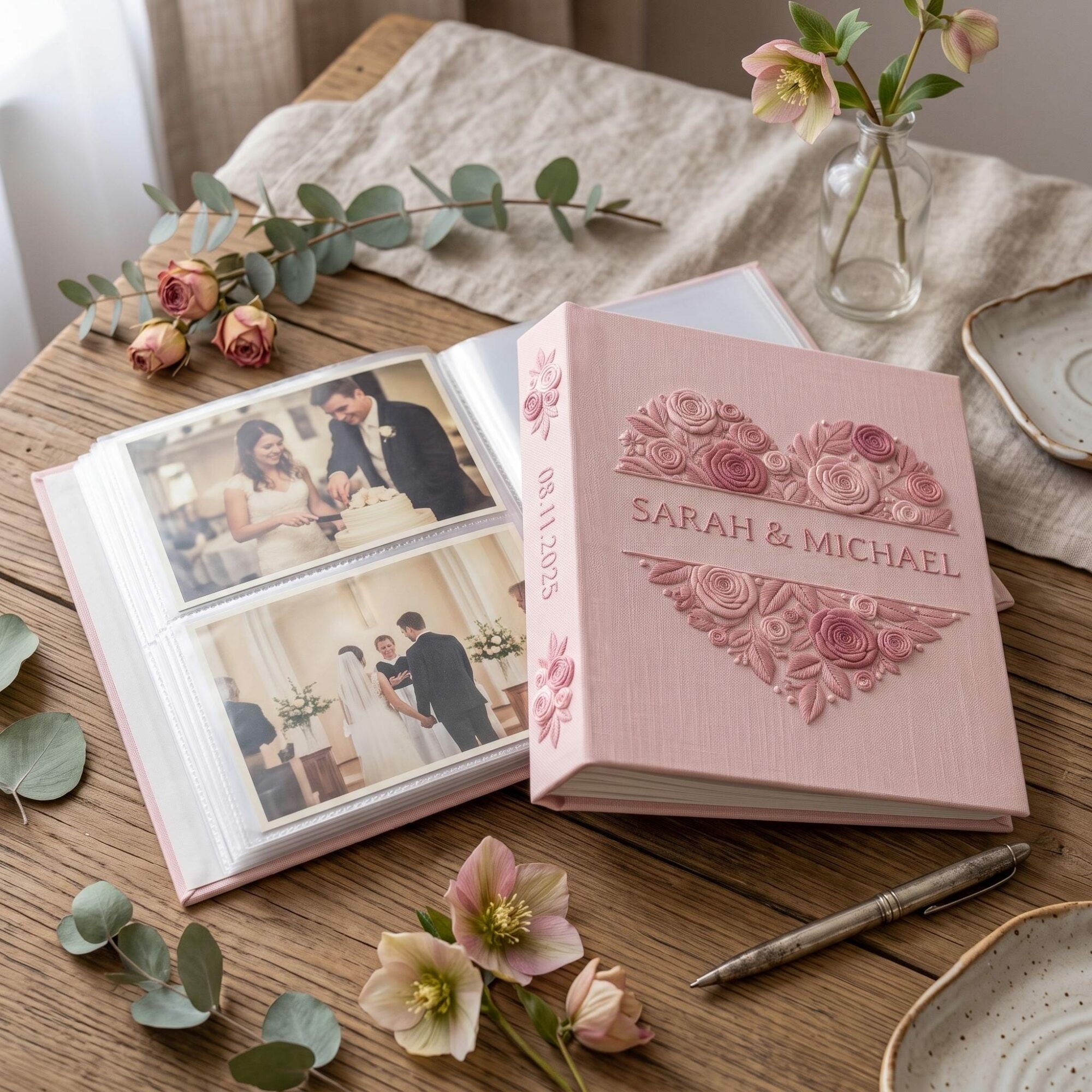 Floral Heart Embroidered Wedding Photo Album – Custom Rose Spine Keepsake