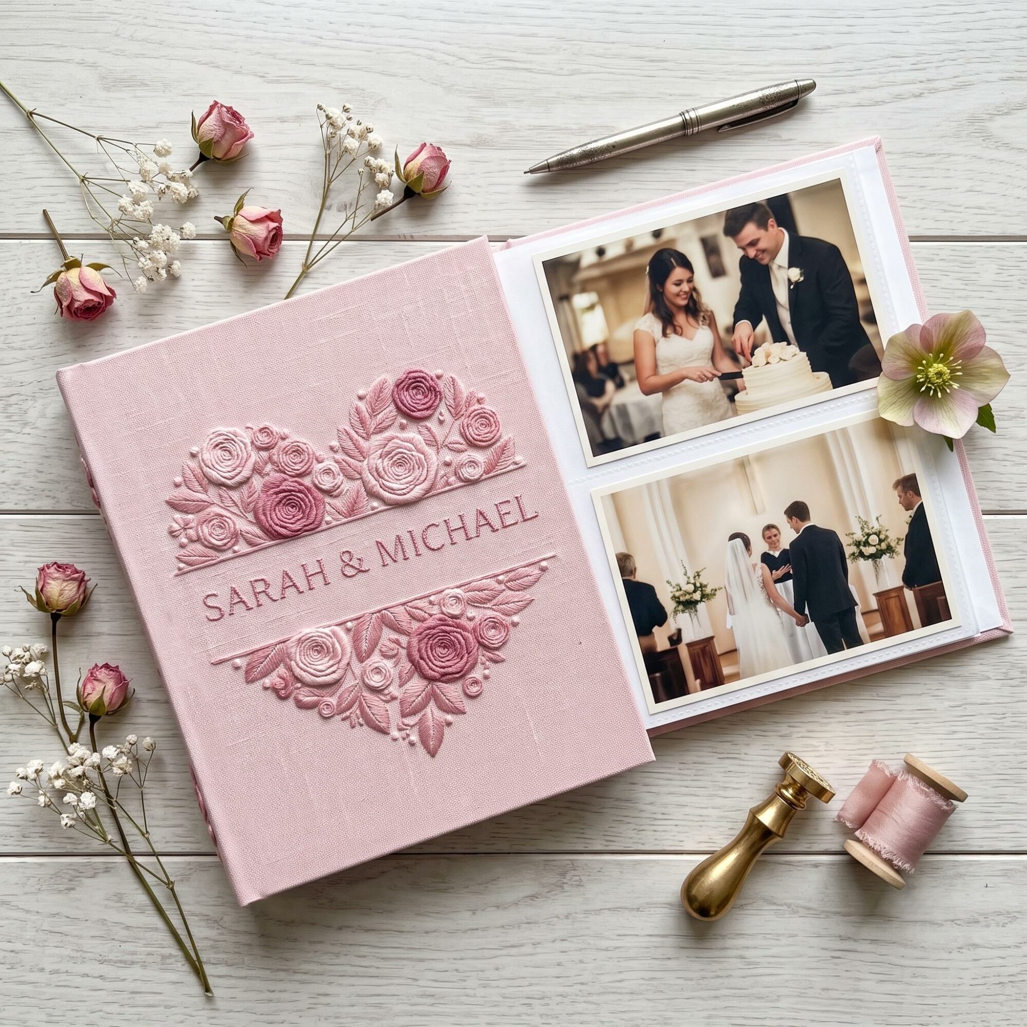 Personalized Wedding Photo Album, Embroidered Floral Heart Memory Book, Custom Rose Spine Book, Unique Bridal Shower Anniversary Gift