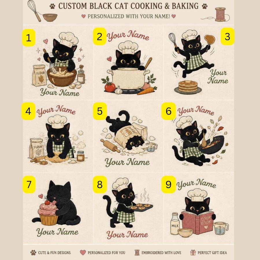 Black Cat Baker Embroidered Linen Apron – Custom Name Baking Gift