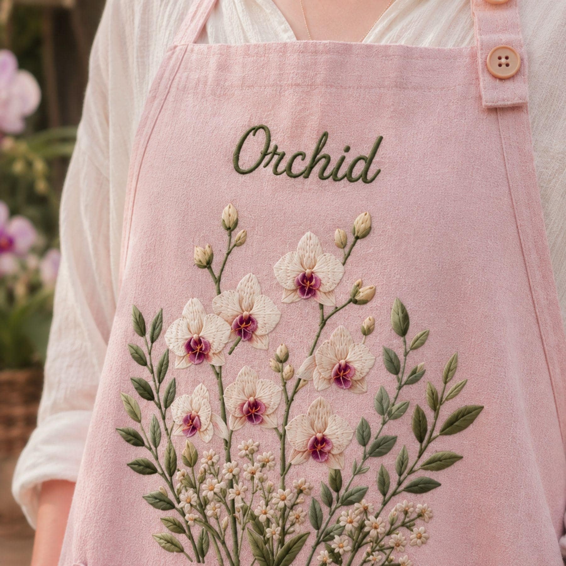 Orchid Garden Embroidered Linen Apron – Custom Name Gift for Mom