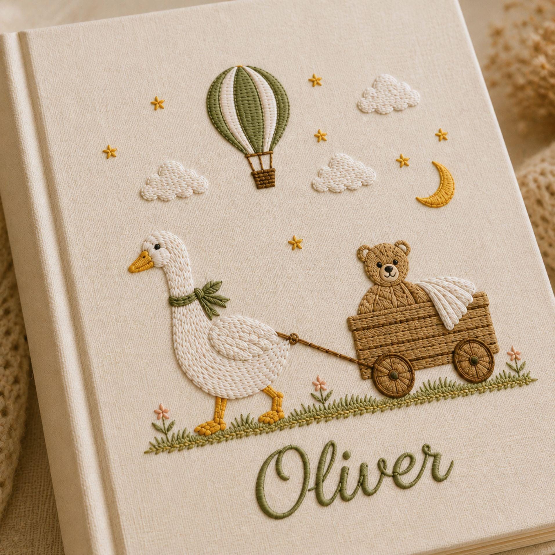 Custom Embroidered Baby Photo Album – Personalized Linen Newborn Memory Book Custom Embroidered Baby Photo Album – Personalized Linen Newborn Memory Book
