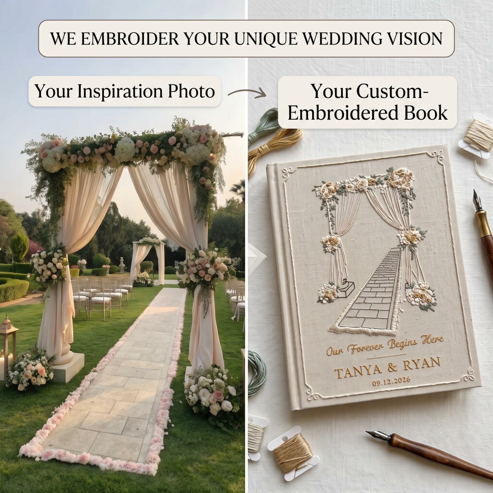 Wedding Venue Embroidered Photo Album – Personalized Names & Date Linen Keepsake