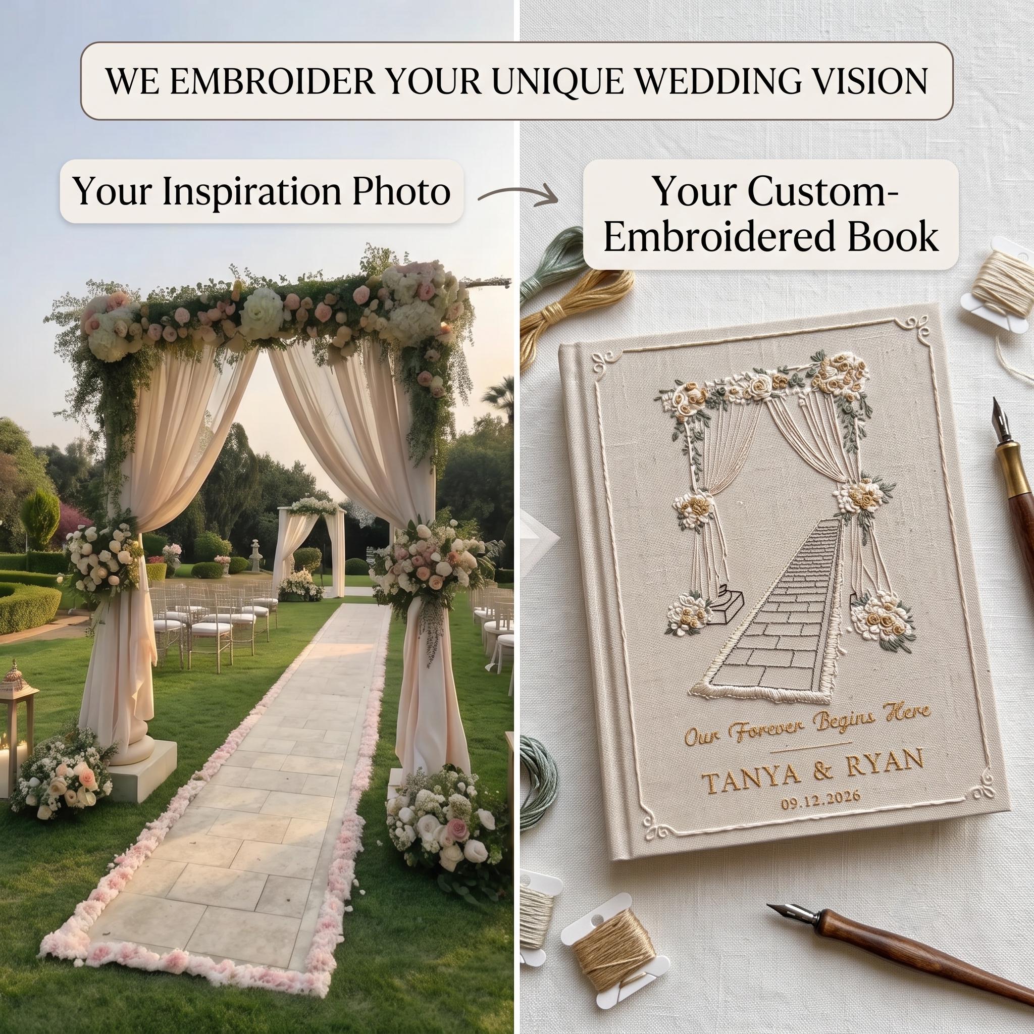 Wedding Venue Embroidered Photo Album – Personalized Names & Date Linen Keepsake Wedding Venue Embroidered Photo Album – Personalized Names & Date Linen Keepsake