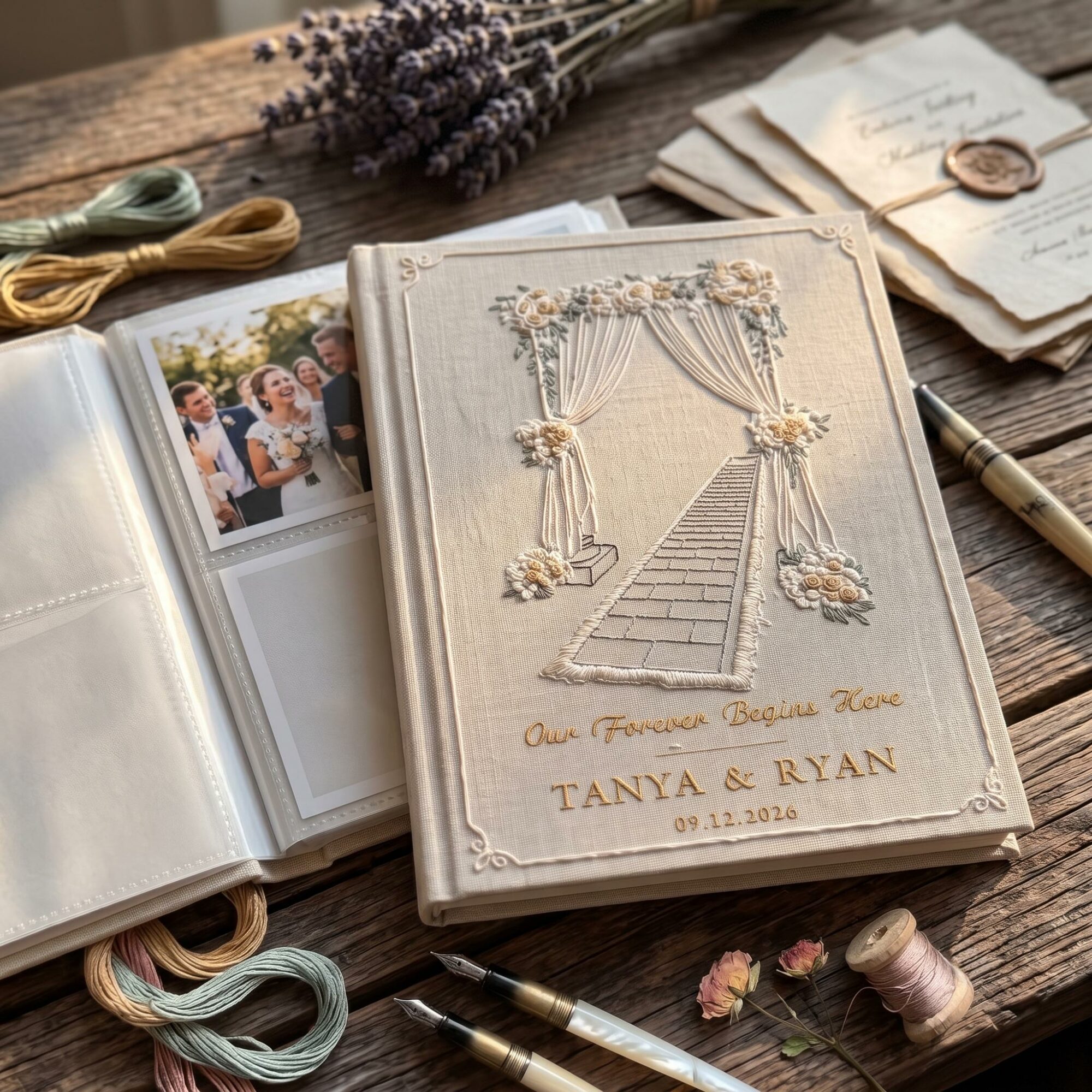 Wedding Venue Embroidered Photo Album – Personalized Names & Date Linen Keepsake 2 Custom Wedding Venue Embroidered Photo Album with Sleeves, Personalized Names Date Vows Linen Album, Embroidered Wedding Guest Book Keepsake