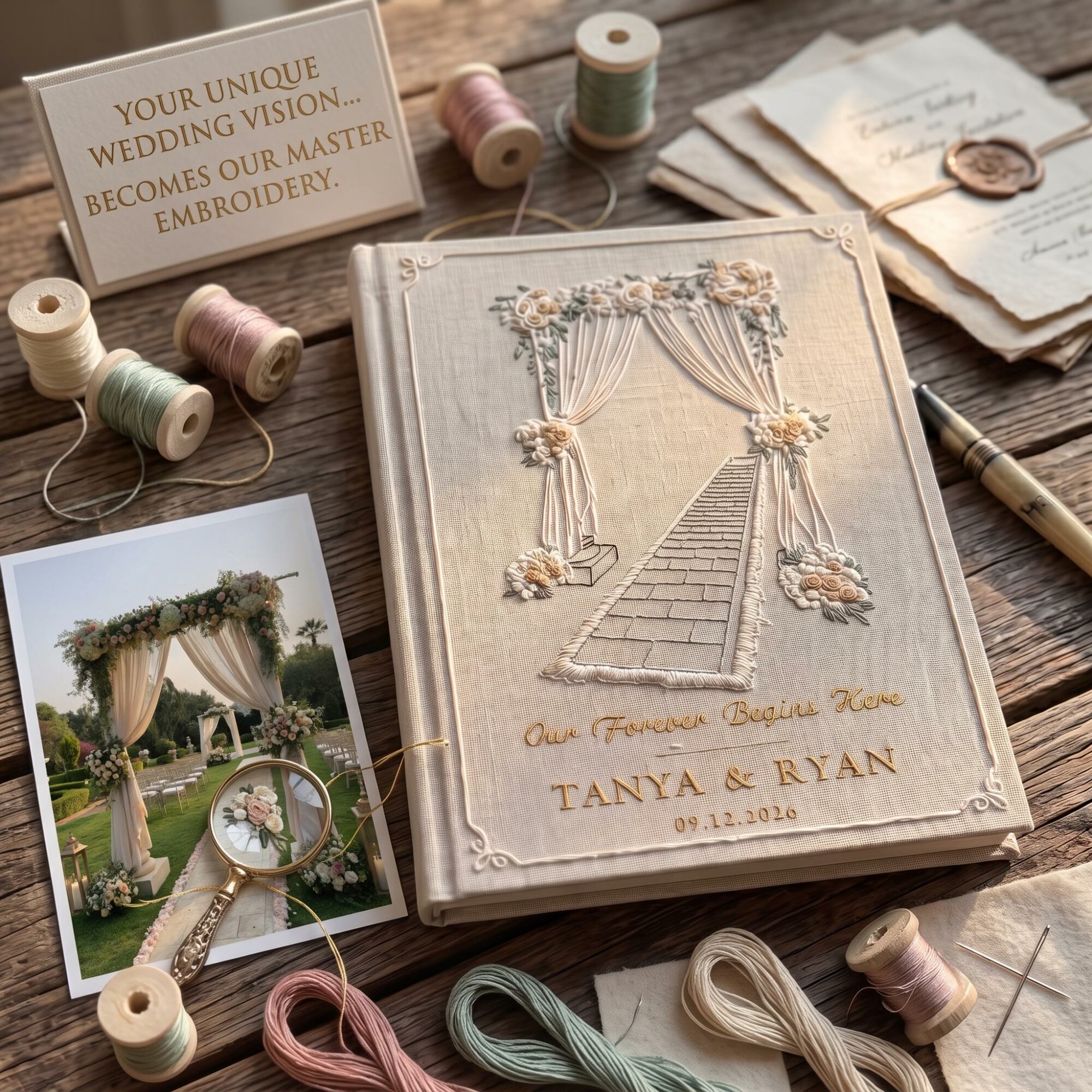 Wedding Venue Embroidered Photo Album – Personalized Names & Date Linen Keepsake