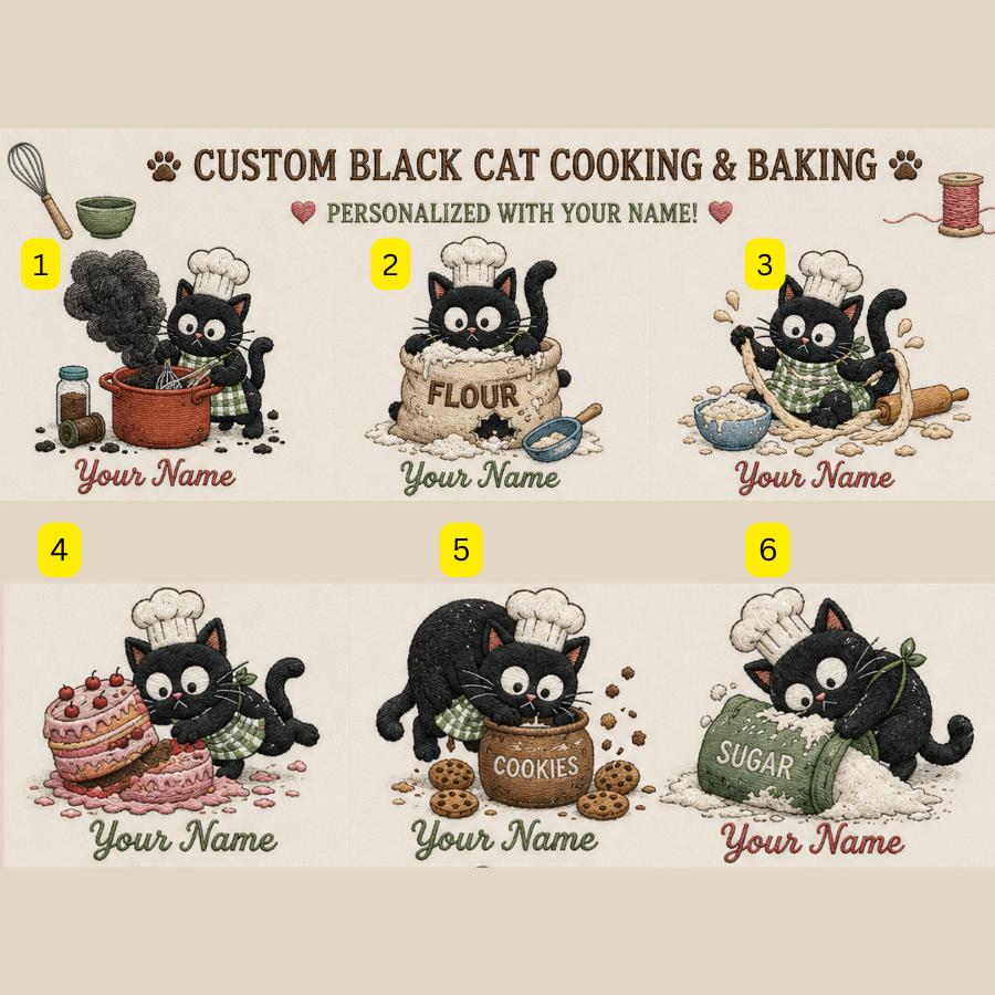 Funny Black Cat Embroidered Apron – Custom Name Kids Baking Gift