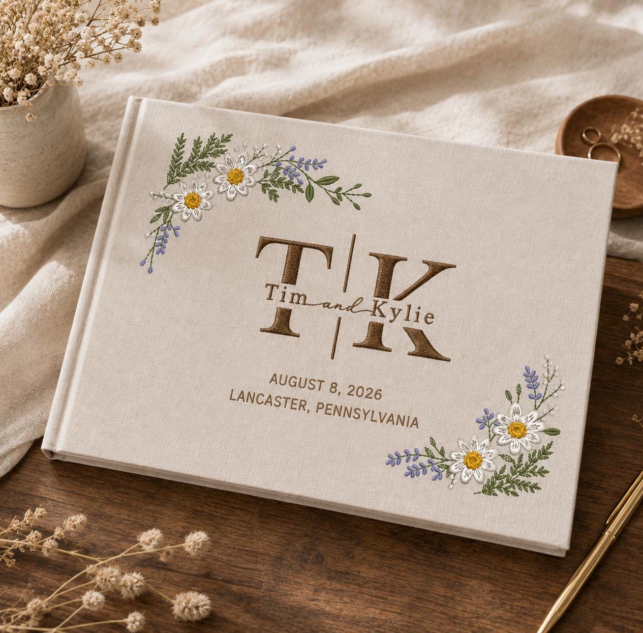 Personalized Initials Embroidered Wedding Guest Book – Custom Floral Linen Keepsake