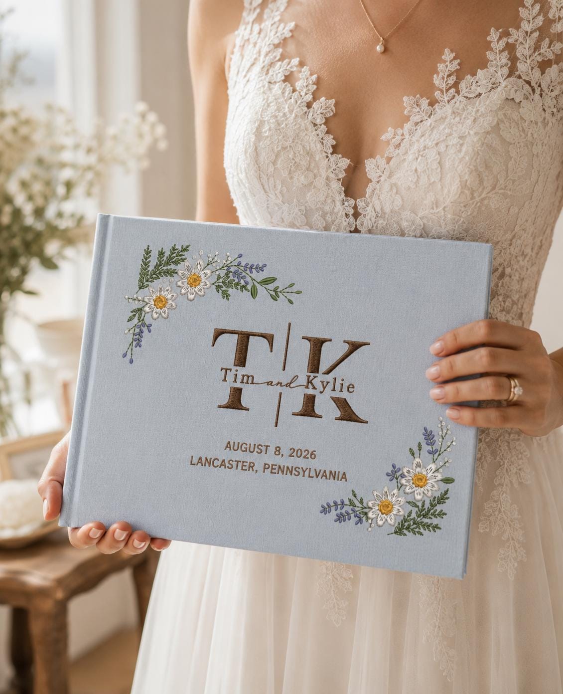 Personalized Initials Embroidered Wedding Guest Book – Custom Floral Linen Keepsake