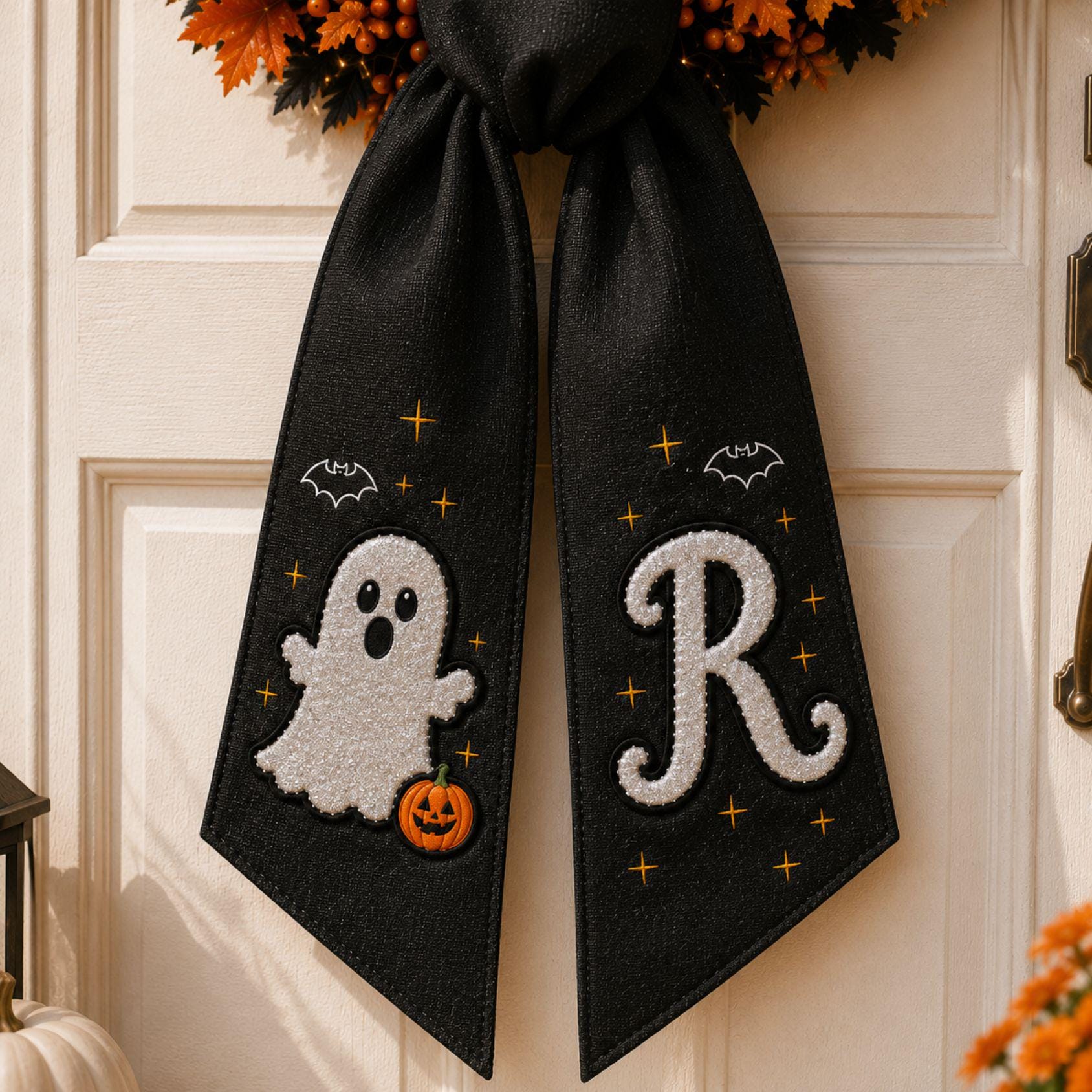 Glitter Ghost Halloween Wreath Sash Glow In The Dark Door Bow Decor Applique Ribbon Custom Glitter Ghost Halloween Wreath Sash Glow In The Dark Door Bow Decor Applique Ribbon Custom