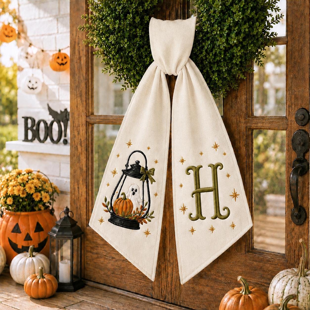 Personalized Pumpkin Halloween Lantern Wreath Sash – Monogram Ribbon Door Decor