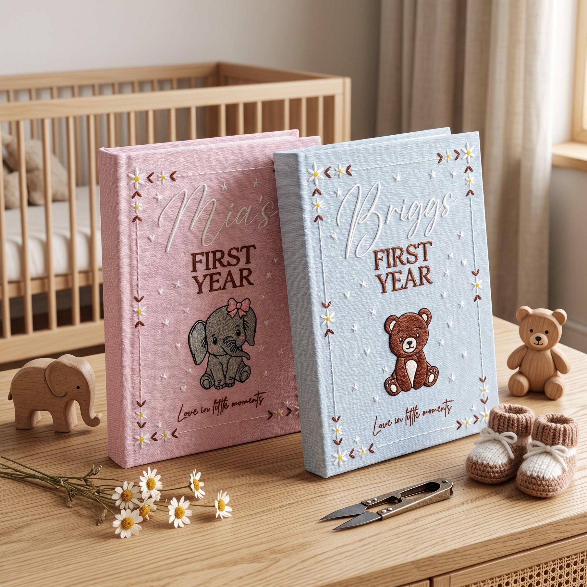 Personalized Animal Embroidered Baby Photo Album – Custom Name Yearly Keepsake