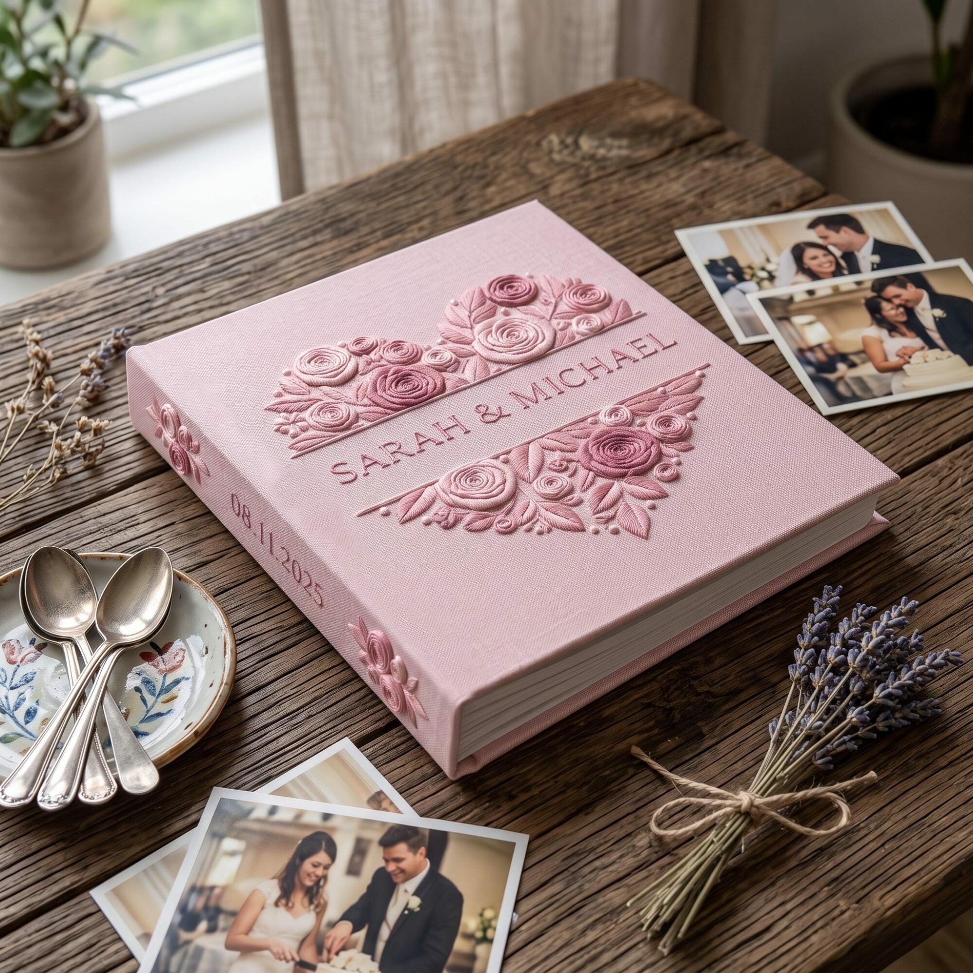 Floral Heart Embroidered Wedding Photo Album – Custom Rose Spine Keepsake